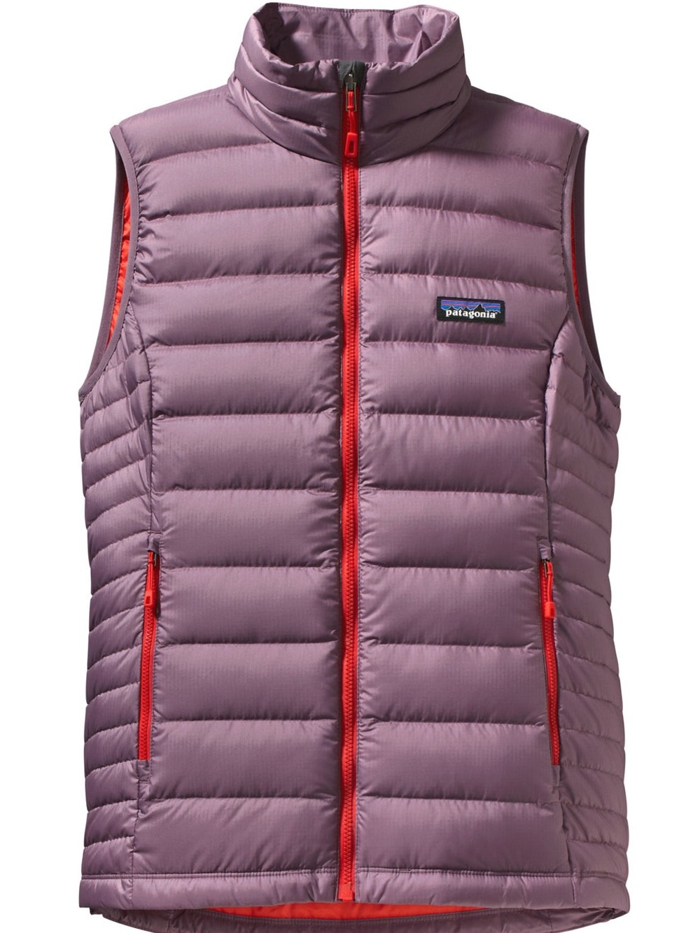 Patagonia mauve quilted down vest with red trim